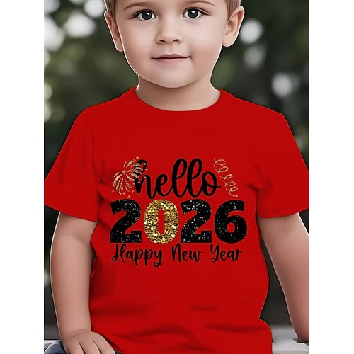 Jungen-T-Shirt mit 3D-Grafik und Buchstabenmotiv für die Neujahrsparty 2026, Kurzarm, Sommer/Frühling, Sportmode, Streetwear, Kindergröße 4-12 Jahre, Rundhalsausschnitt, normale Passform, geeignet für Image
