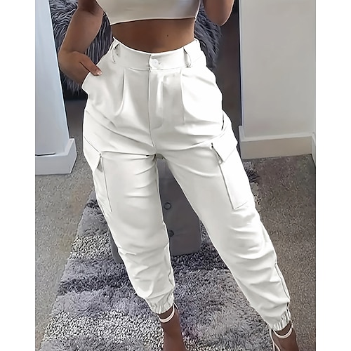 Damen Cargo-Hosen Chinos Streetwear Lässig Volle Länge Mittlere Taillenlinie Einfach Tasche Elastischer Bund Bequem Unelastisch Täglich Outdoor Urlaub Weiß Sommer Frühling Lässiger Schnitt Image