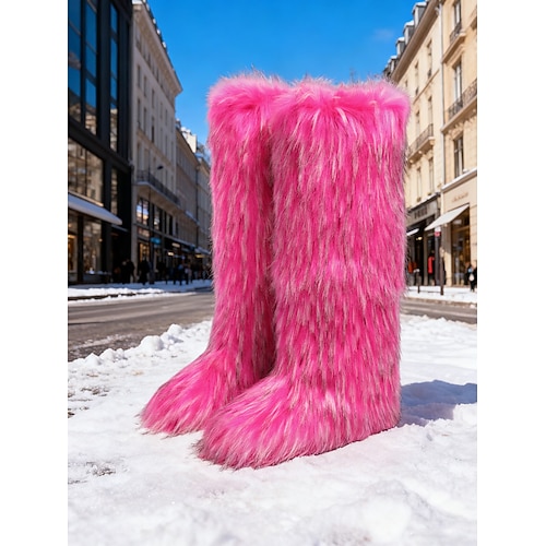 Pinkfarbene kniehohe Schneestiefel für Damen aus Kunstfell – stilvolles Winterschuhwerk, trendige Freizeitstiefel für kaltes Wetter und Outdoor-Abenteuer Image