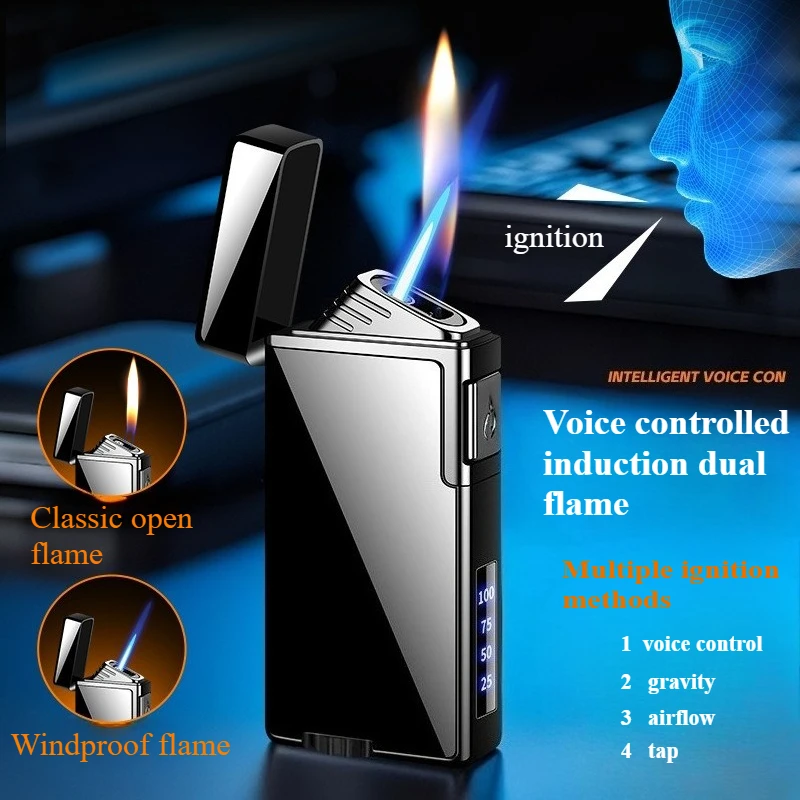 Intelligentes, sprachgesteuertes 2-Flammen-Butan-Gas-Feuerzeug, offene Flamme, schaltend, Jet Blue Flame, elektrische Zigarrenfeuerzeuge, Rauchen Image