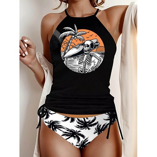 Frauen Tankini 2teilig Badeanzug Raffung Slips Bauch Kontrolle Hohe Taille Slim Rückenfrei Urlaub Strandbekleidung Blumen Grafik U-Ausschnitt Ohne Ärmel Badeanzüge Image