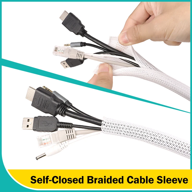 Weiße, selbstgeschlossene Kabelhülle, 3 mm ~ 25 mm, PET, geflochten, für USB-Kabel, Netzkabel, TV, Computer, Zuhause, Auto-Line, geteilter Schutzhülle Image