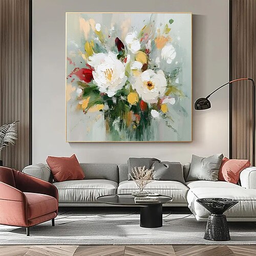 Handgemaltes abstraktes Blumen-Ölgemälde mit leuchtenden, mehrfarbigen Blüten in einer Vase, strukturierte Kunst für Wohnzimmer, Eingangsbereich und Esszimmer Image