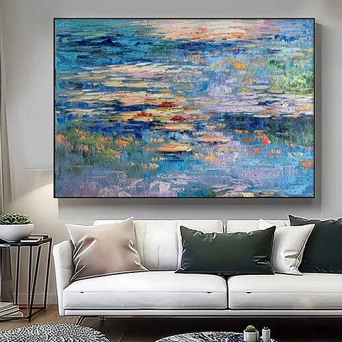 Handgemaltes Ölgemälde auf Leinwand, moderne abstrakte Seerosenlandschaft im Monet-Stil, gerollt, rahmenlos, ungespannt, für die Wanddekoration im Wohnzimmer. Image