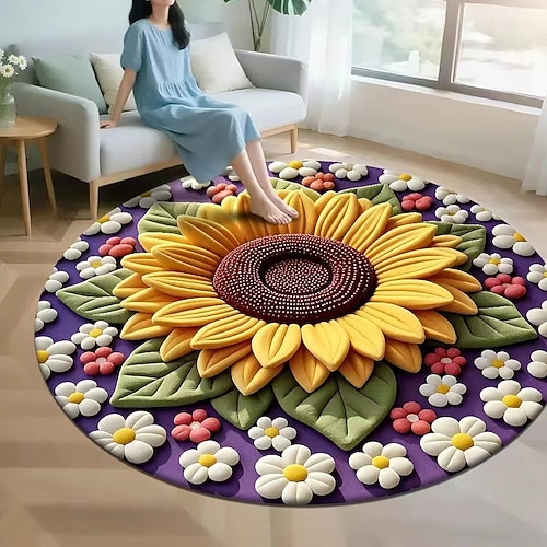 2D-Flachdruck-Teppich mit Sonnenblumenmuster aus Kristall-Samt, ideal für Wohnzimmer, Sofa, Couchtisch, Schlafzimmer, Bettvorleger, Ankleidezimmer – ein weicher, dekorativer Bodenbelag. Image