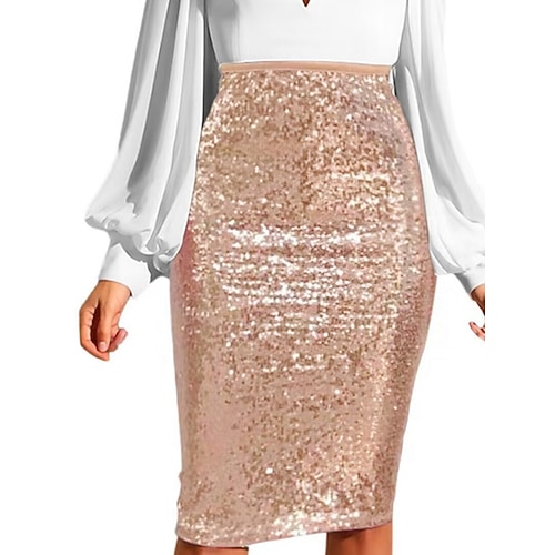 Damen Elegant Mode Knielang Hohe Taille Röcke Einfach Pailletten Mikroelastisch Party Straße Wein Schwarz Dunkelgrün Dunkelgrau Frühling Polyester Image