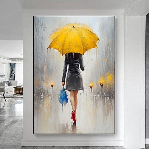 Mädchenzimmer-Leinwandbild: Frau mit gelbem Regenschirm, Wandbehang, modernes 3D-Wandbild mit gelbem Regenschirm Image