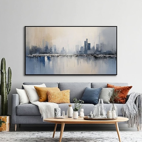 Handgemaltes Original-Ölgemälde einer Stadtlandschaft auf Leinwand, großformatig mit Spachteltechnik gemalt, abstraktes urbanes Wandbild, Stadtspiegelungen, Kunst, Weihnachtsgeschenk Image