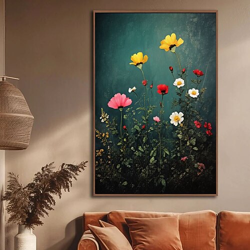 handgemaltes Wildblumenfeld-Gemälde, handgefertigte Wandkunst in Dunkelgrün, farbenfrohes botanisches Vintage-Blumenbild, Leinwandgemälde, mystische, verzauberte Blumenlandschaft, Ölgemälde Image
