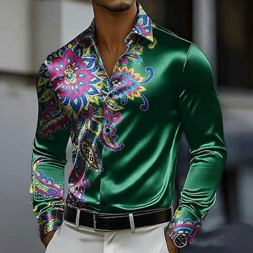 Herren Paisley-Muster Blumendruck Blumen Hemd Satinhemd Kleidhemd Langarm Vintage-Retro Urlaub Alltagskleidung Sommer Frühling Herbst Umlegekragen 3D-Druck Hemden mit Knopfleiste Blau Burgunderrot Image
