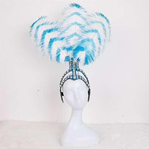 Karneval 2026 Rio Karneval Samba Accessoires Karneval Feder Showgirl Kopfschmuck - Blau Weiß gestreifte Straußenfeder Kopfbedeckung Mardi Gras Tanzkostüm Accessoire Brasilien Festival Aufführung