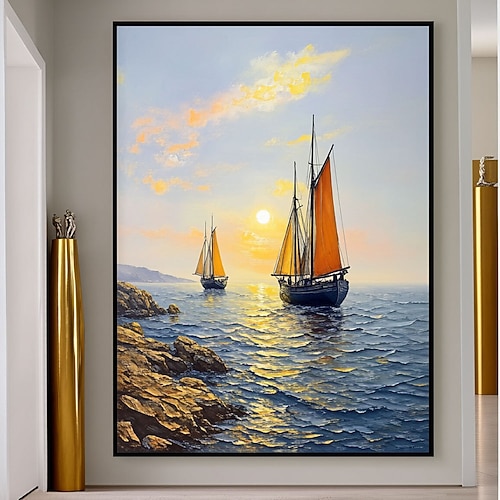 Originales Segelbootgemälde Gold Blaue Meereslandschaft, handgemaltes Ölgemälde, Wandkunst, Ozean-Sonnenuntergang, Segelboot, Heimdekoration, gerollte Leinwand Image