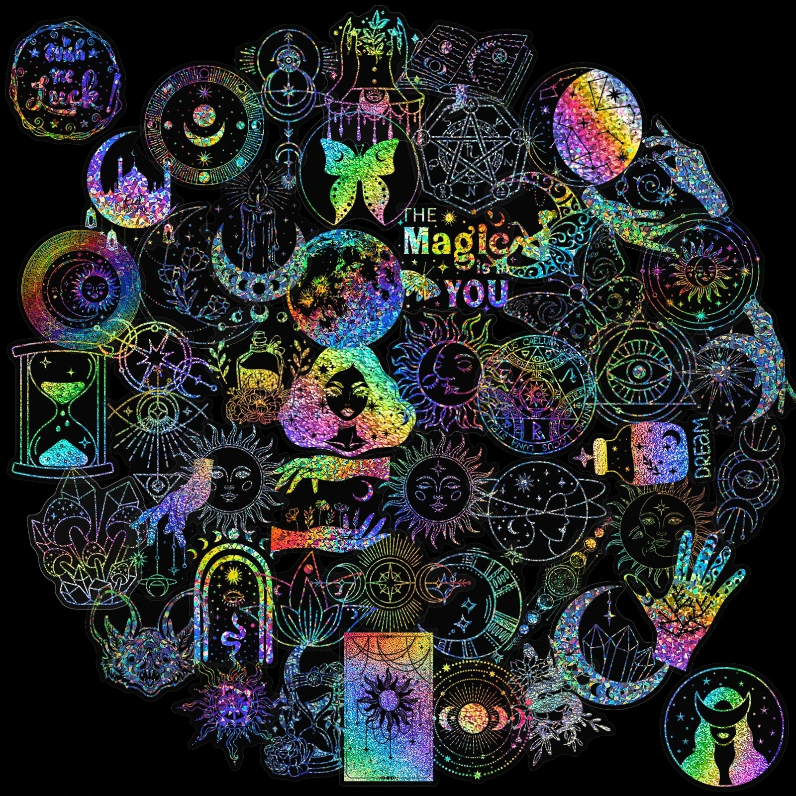 100 Stück holografische Laser-Aufkleber, magische Welt und Schmetterling, glitzerndes PET-Aufkleberpaket für Tagebuch, Sammelalbum, DIY, Laptop, Notebook Image