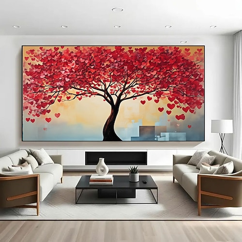 Handgemaltes, romantisches Leinwandbild mit rotem Herzbaum, handgemalter Liebesbaum, moderne Leinwandbilder, Dekoration, surrealer Liebesbaum, modernes Leinwandgeschenk für Verliebte, Liebesposter Image
