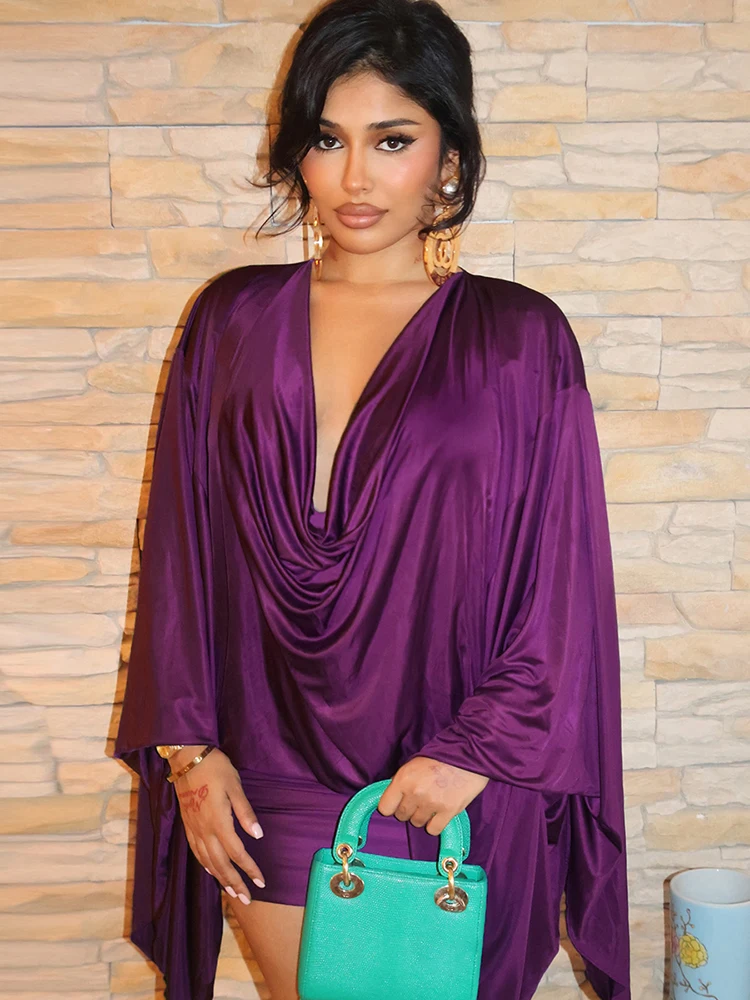 Kliou Geraffte Elegante Mini Kleider Frau Herbst Neue Stil Swing Kragen Batwing Hülse Dünne Pfirsich Hüfte Abend Prom Party Bodycon Image