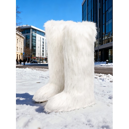 Pinkfarbene kniehohe Schneestiefel für Damen aus Kunstfell – stilvolles Winterschuhwerk, trendige Freizeitstiefel für kaltes Wetter und Outdoor-Abenteuer Image