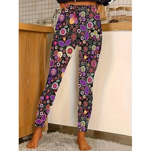 Damen Leggings Gemütliche Leggings Urlaub Lässig Volle Länge Hohe Taille Blumen Drucken Bequem Dehnbar Lässig Täglich Urlaub Marinenblau Schwarz Gelb Fuchsie Sommer Frühling Herbst Normale Passform Image