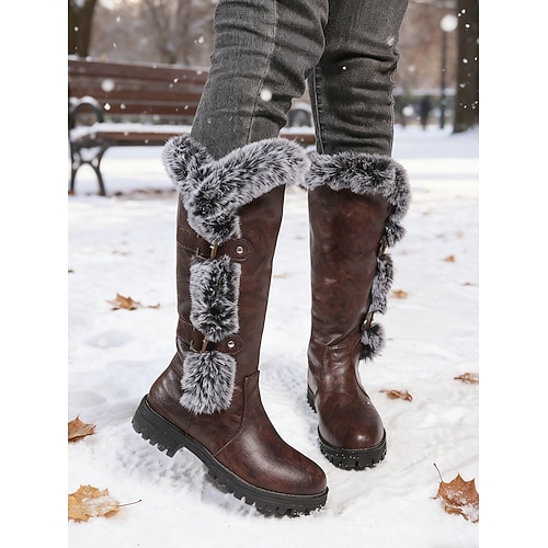 Burgunderrote, kniehohe Winterstiefel für Damen mit schwarzem Kunstpelzbesatz – lässige, lange Reitstiefel für Weihnachten, Schneetage und festliche Outfits Image