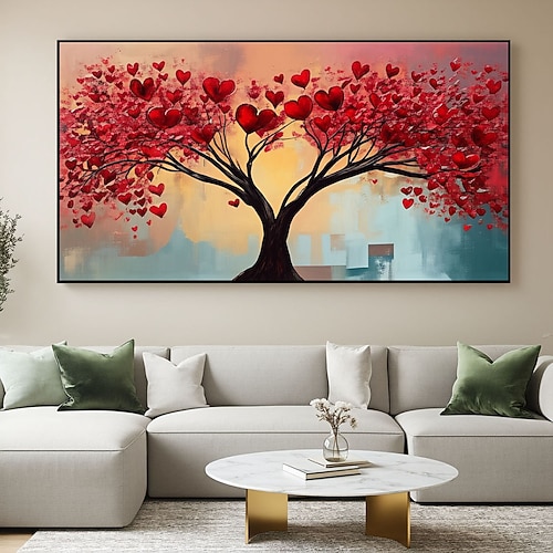 Handgemaltes, romantisches Leinwandbild mit rotem Herzbaum, handgemalter Liebesbaum, moderne Leinwandbilder, Dekoration, surrealer Liebesbaum, modernes Leinwandgeschenk für Verliebte, Liebesposter Image