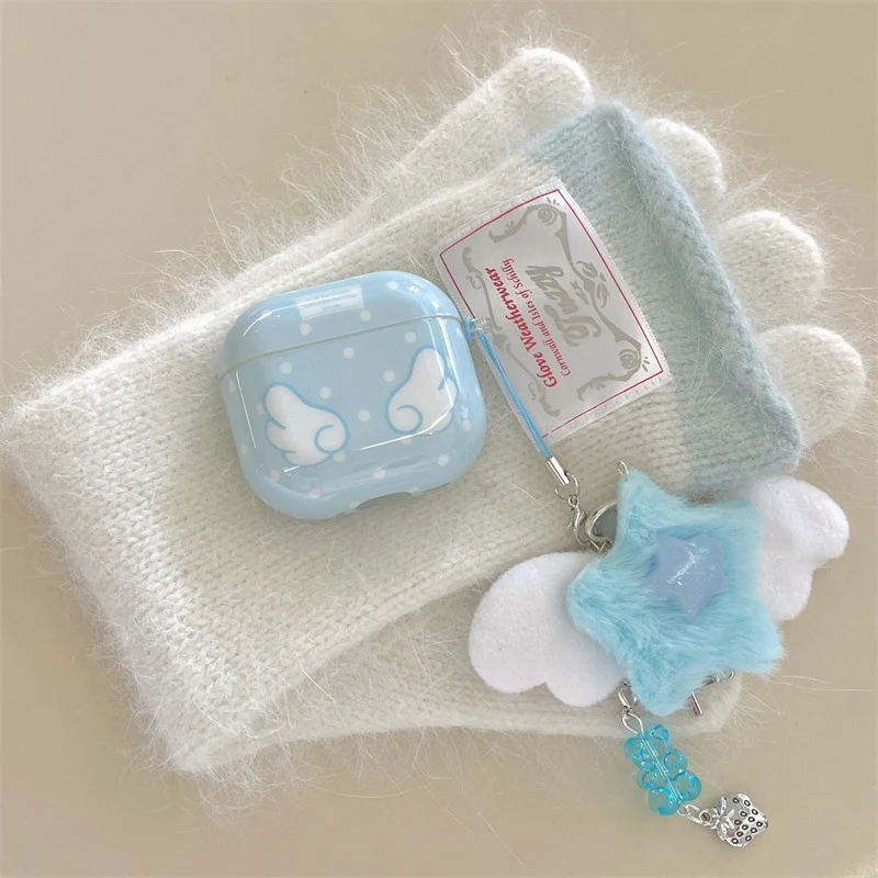 Süße blaue Polka Dot 3D Wings AirPods Hülle für 1/2/3/4/Pro – Silikon-Schutzhülle, stoßfeste Bluetooth-Kopfhörerhülle, Geschenk Image