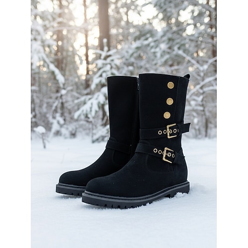 Beige Wildleder-Schneestiefel für Damen, mittelhoch, mit Schnallenriemen – warme, mit Sherpa-Fleece gefütterte Winterstiefel für Outdoor-Aktivitäten im Schnee und auf Reisen Image