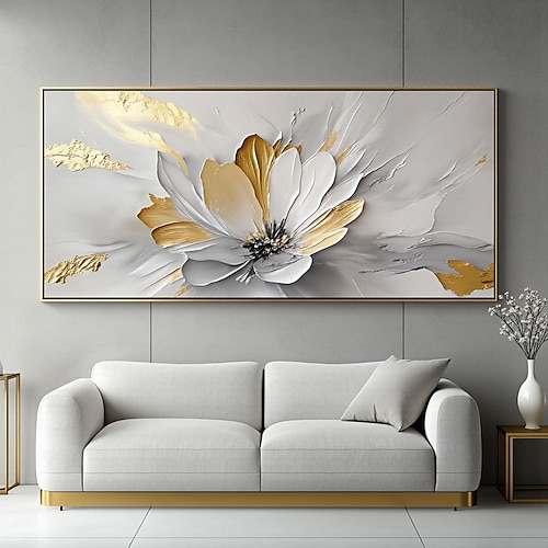 Großes, handgemaltes Ölgemälde mit weißen, abstrakten Blumen, stark strukturierte Ölmalerei auf Leinwand, 3D-Blumenstruktur, florale Wanddekoration für das Wohnzimmer Image