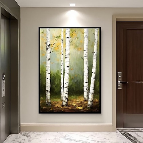 Großes Ölgemälde einer Silberbirke auf Leinwand, originale grüne Birkenwaldlandschaft, strukturiertes Kunstwerk, Schlafzimmerdekoration, Wohnzimmerwandkunst Image