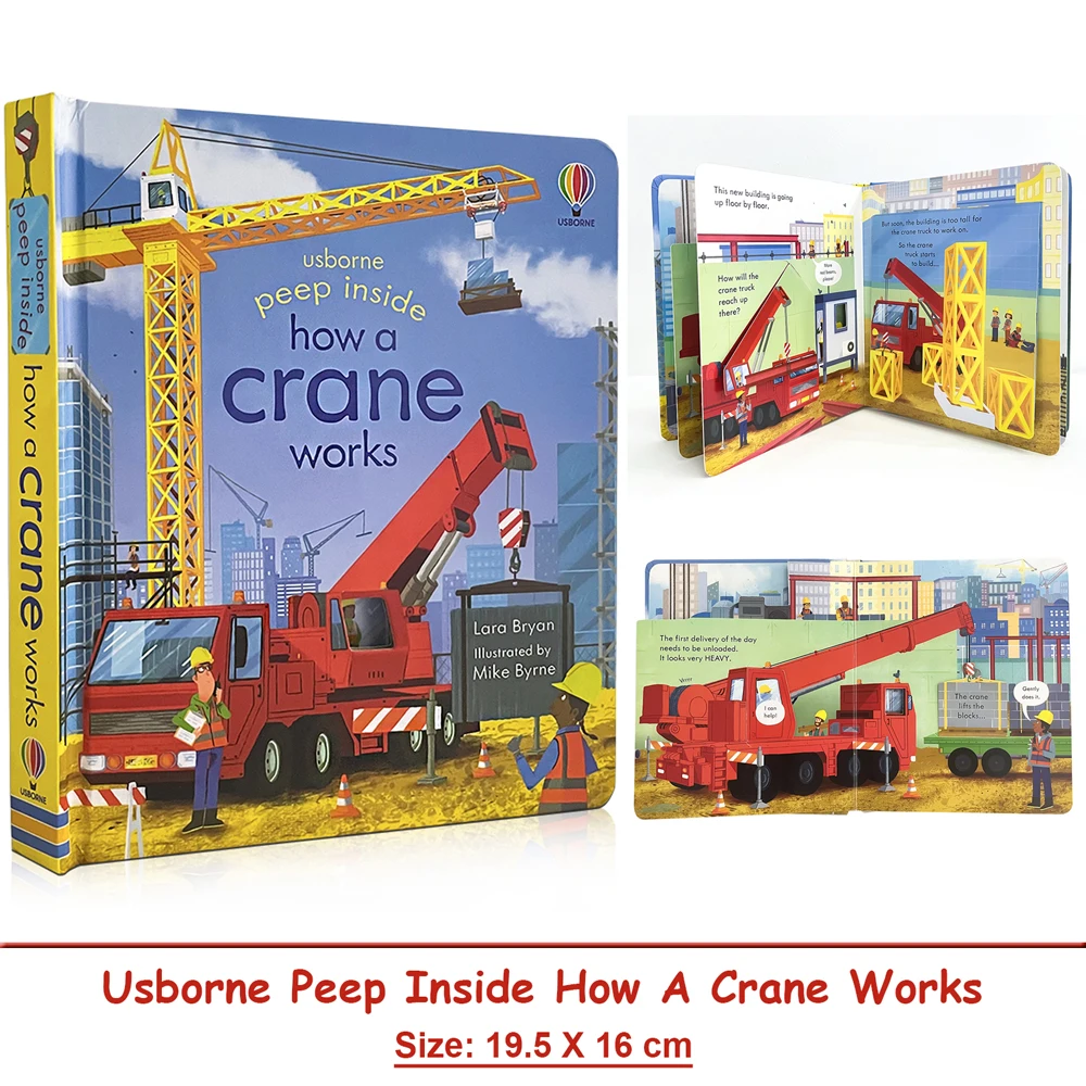 Usborne Peep Inside How A Crane Works, pädagogische englische Bücher für Kinder, Lese- und Schlafenszeit, Bilderbuch mit Eltern-Kind-Interaktion Image