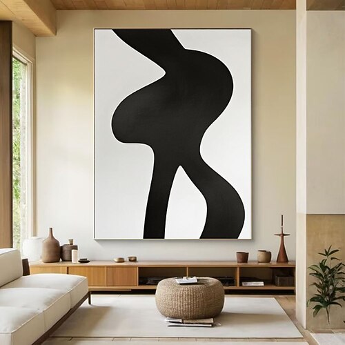 Ölgemälde, handgemalt, schwarz-weiß, Wandkunst-Set mit 2 abstrakten Gemälden mit schwarzen Linien, beigefarbene Wandbilder, minimalistisches Wandbild-Set Image