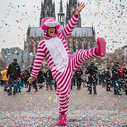 Karnevalskostüm 2026 Tier Katze Zeichentrick Karneval Kigurumi-Pyjamas Ausgefallene Kostüme Onesie-Kostüm Warm Schlafanzug Lustiges Kostüm Erwachsene Unisex Männer und Frauen Halloween Karneval Party Image