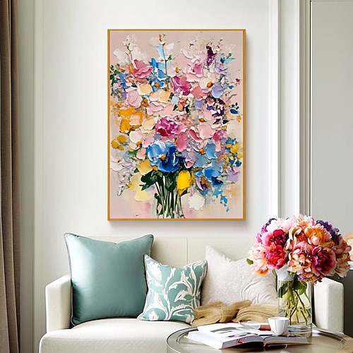 Originales, handgemaltes, farbenfrohes Blumenbild auf Leinwand – ein großes Wandbild, abstrakte Blumenkunst, strukturierte Wandkunst, individuelles Gemälde, Wohnzimmerdekoration, Geschenk Image