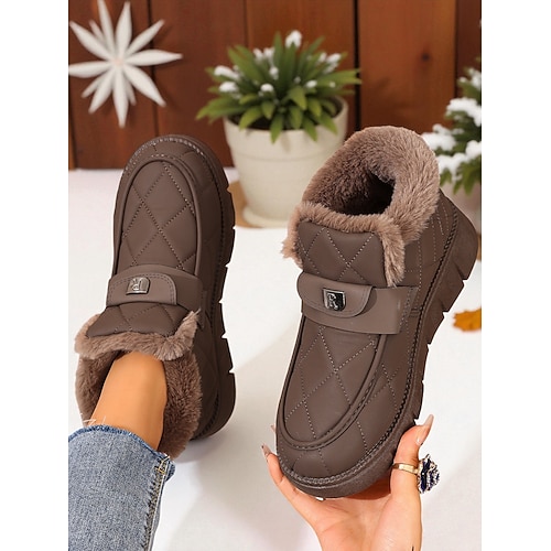 Damen-Winterstiefeletten in Kaffeebraun, gesteppt – warme, mit Kunstfell gefütterte Schlupfstiefeletten mit Riemen für Outdoor-Aktivitäten im Schnee und im Alltag Image