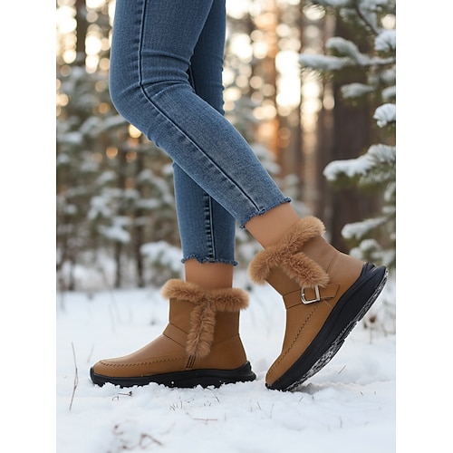 Braune Damen-Ankle-Boots mit Kunstpelzbesatz und Schnallenriemen – warme, kurze Winterstiefeletten mit seitlichem Reißverschluss für den Alltag und zum Pendeln Image