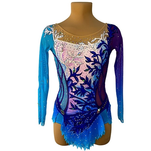 Rhythmische Sportgymnastik-Trikot, Damen- und Mädchen-Eiskunstlauf-Trikot, gefärbt, hochelastisch, professionelle Wettkampfbekleidung, Kristall-/Strassbesatz, langärmlig, Eiskunstlauf Image