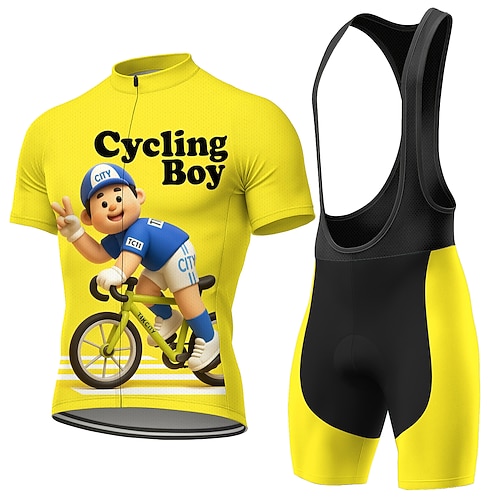 Herren Radtrikot Radtrikot mit Trägershorts Kurzarm Mountainbike MTB Straßenradsport Sommer Frühling Gelb Cartoon Buchstaben Zahlen Fahhrad Sonnenschutz UV-beständig 3D-Polster Radfahren Trainer Image