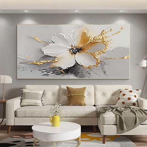 Großes, handgemaltes Ölgemälde mit weißen, abstrakten Blumen, stark strukturierte Ölmalerei auf Leinwand, 3D-Blumenstruktur, florale Wanddekoration für das Wohnzimmer Image