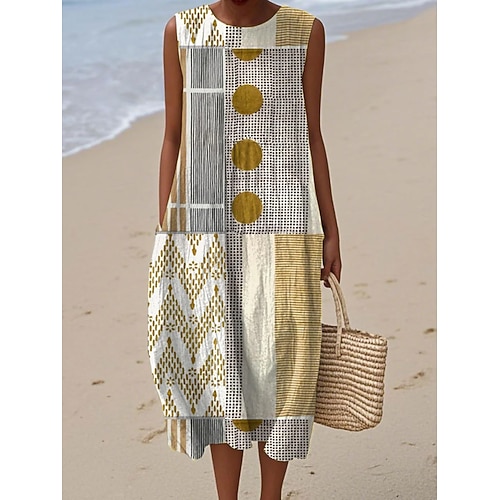Damen Midi Kleid Leinenähnliches Strandkleid Shift Kleid A Linie Kleid Urlaub Lässig Boho Strand Ausgang Lockerer Schnitt Graphic Geometrisch Ärmellos Rundhalsausschnitt Blau Weiß Gelb Pink Sommer Image