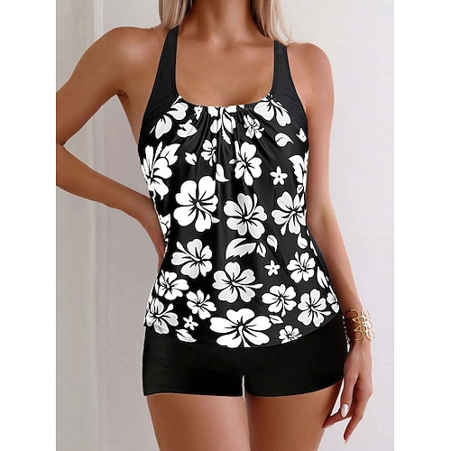 Damen Tankini 2-Teilig Badeanzug Shorts Bauch Kontrolle Hohe Taille Slim Rückenfrei Urlaubs Strandbekleidung Floral U-Ausschnitt Ärmellos Bademode Image