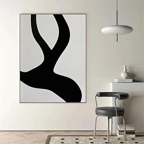 Ölgemälde, handgemalt, schwarz-weiß, Wandkunst-Set mit 2 abstrakten Gemälden mit schwarzen Linien, beigefarbene Wandbilder, minimalistisches Wandbild-Set Image