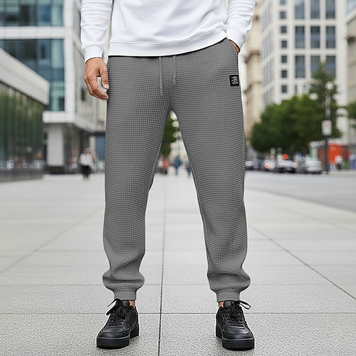 Herren Waffel Jogginghose Jogginghose Jogger Hose Freizeithose Kordelzug Elastischer Bund Einfarbig Komfort Volle Länge Outdoor Täglich Streetwear Mode Klassicher Stil Schwarz Weiß Dehnbar Image