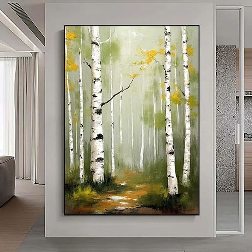 Großes Ölgemälde einer Silberbirke auf Leinwand, originale grüne Birkenwaldlandschaft, strukturiertes Kunstwerk, Schlafzimmerdekoration, Wohnzimmerwandkunst Image