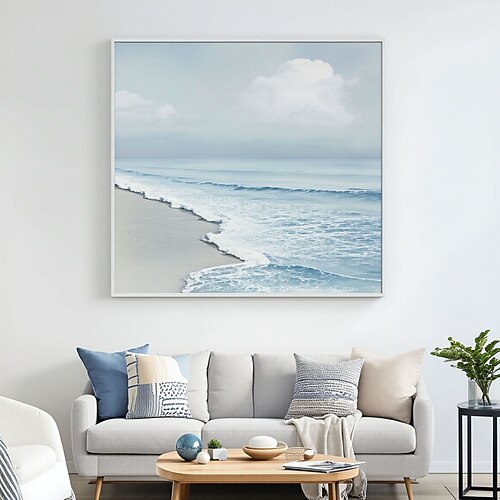 Großes abstraktes Gemälde eines blauen Ozeans, hellblaue abstrakte Ozeankunst, Ozeanwellen-Leinwandgemälde, weiße strukturierte Wandkunst, Ozeanwellen-Wandkunst Image