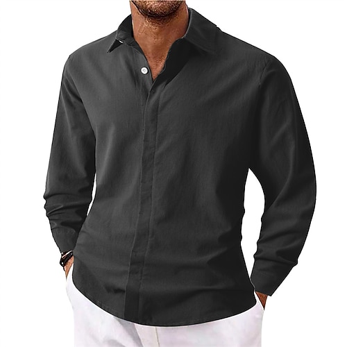 Herren Hemd Sommerhemd Freizeithemd Strandhemd Knopfhemd Schwarz Weiß Hellgrün Beige Grau Langarm Einfarbig Revers Urlaub Lässig Bekleidung Mode Lässig Bequem Image