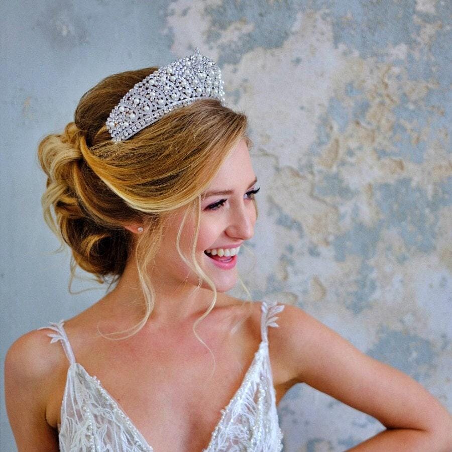 Corona da sposa con cristalli CZ e perle, tiara con perle, corona di tiara, copricapo da sposa, accessori per capelli da sposa, fermagli per capelli c