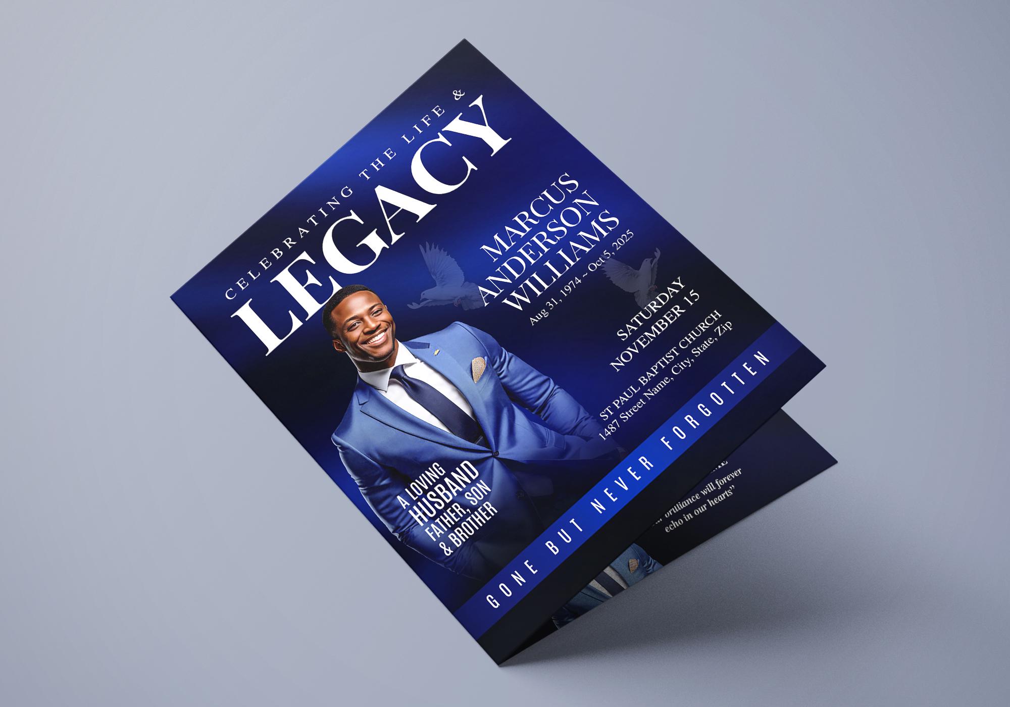 Blue Funeral Program (8 pagine) Necrologio in stile rivista / Programma commemorativo / Modello funebre Canva