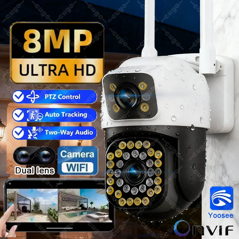 Telecamera IP di Sicurezza 4K 8MP con Doppia Lente WiFi PTZ per Esterni, Wireless HD con Doppio Schermo e Tracciamento Automatico AI