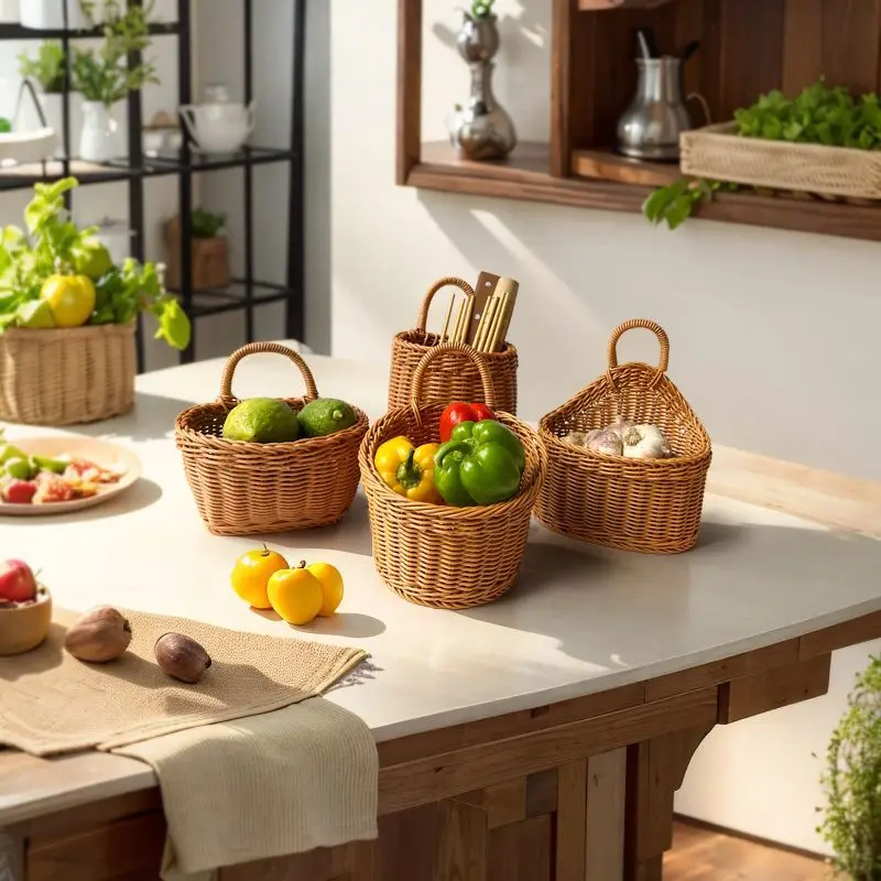 Japanese style kitchen garlic ginger storage basket imitation rattan woven home bathroom wall storage home kitchen hanging baske