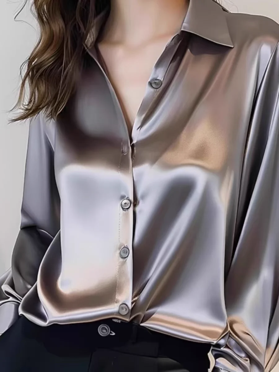 Elegant Satin Long Sleeve Commuter Shirt for Women Professional Office Wear Base Layer Top Korean Style Loose Fit Button Detail