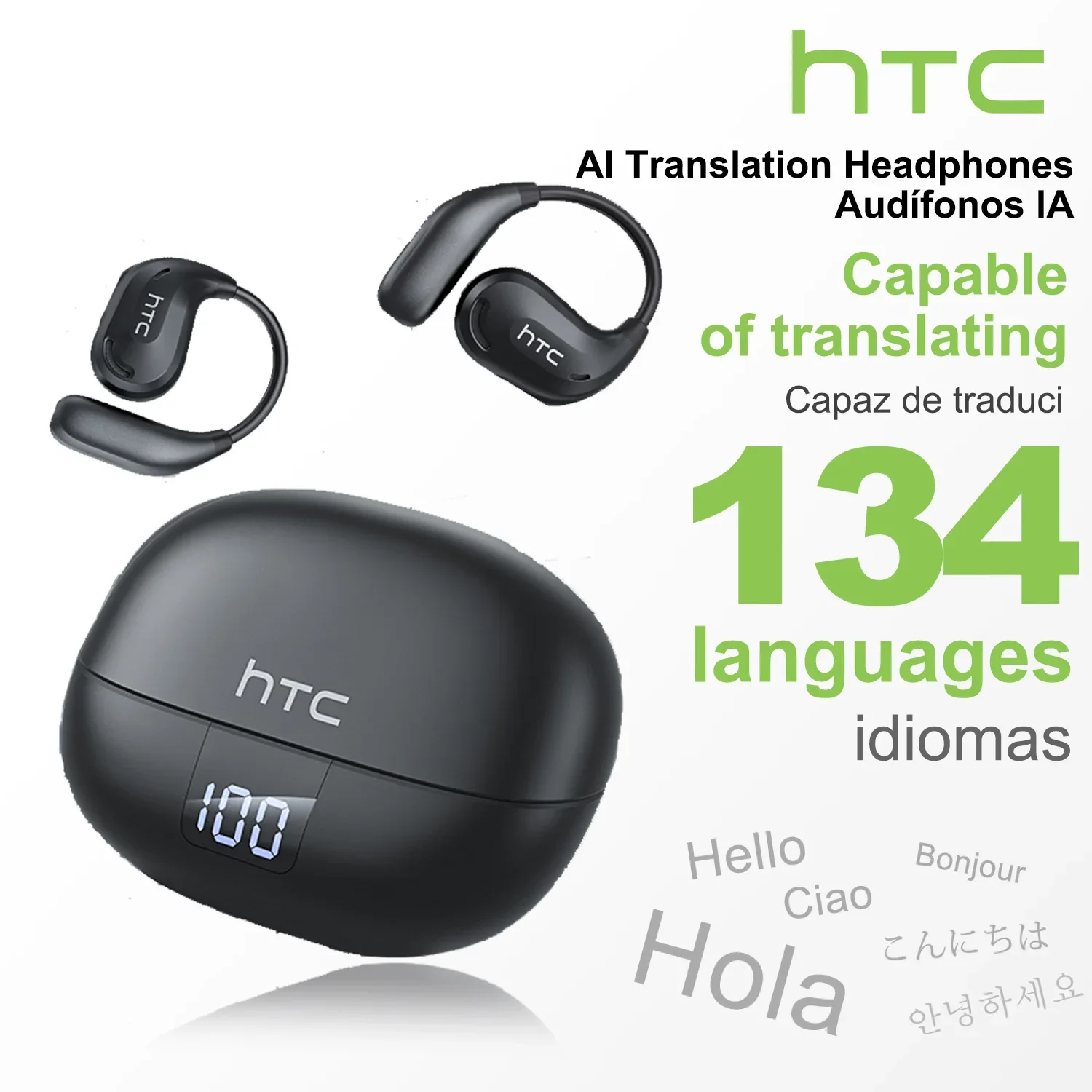 Auricolari Bluetooth V6.0 HTC NE47 OWS Cuffie wireless sportive Auricolari per traduzione AI Comodo gancio per l'orecchio con display digitale