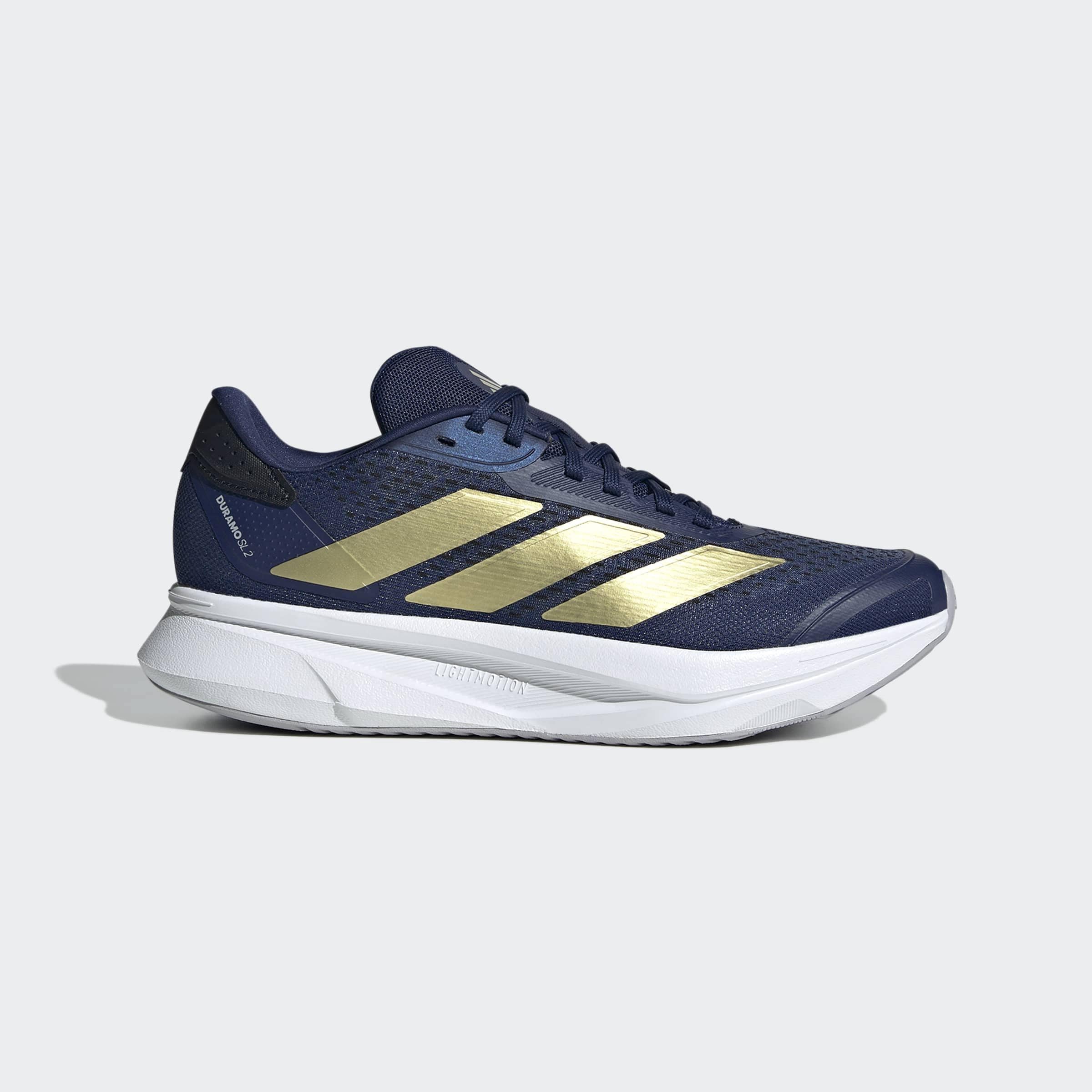 Laufschuh ADIDAS PERFORMANCE "DURAMO SL 2", Damen, Gr. 37, dunkelblau, gold metallic, halo silber, Synthetik, Textil, Schuhe Laufschuh